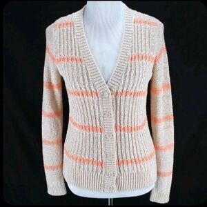 Ann Taylor Loft Sz Small Coral Oatmeal Beige Stripe Knit Vneck Casual Cardigan